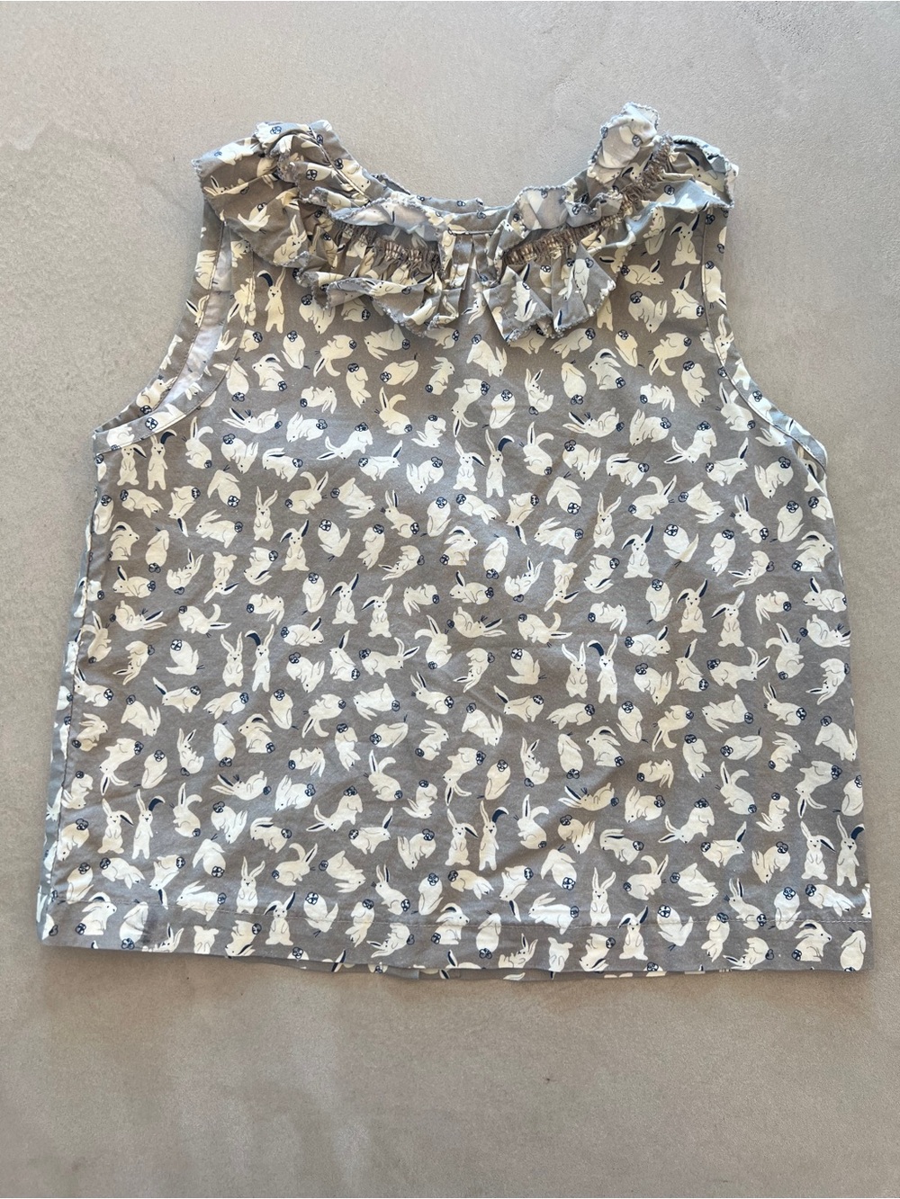 MAISON ME Girls Sleeveless Ruffle Neck Top in Grey with White Bunny Print 4T
